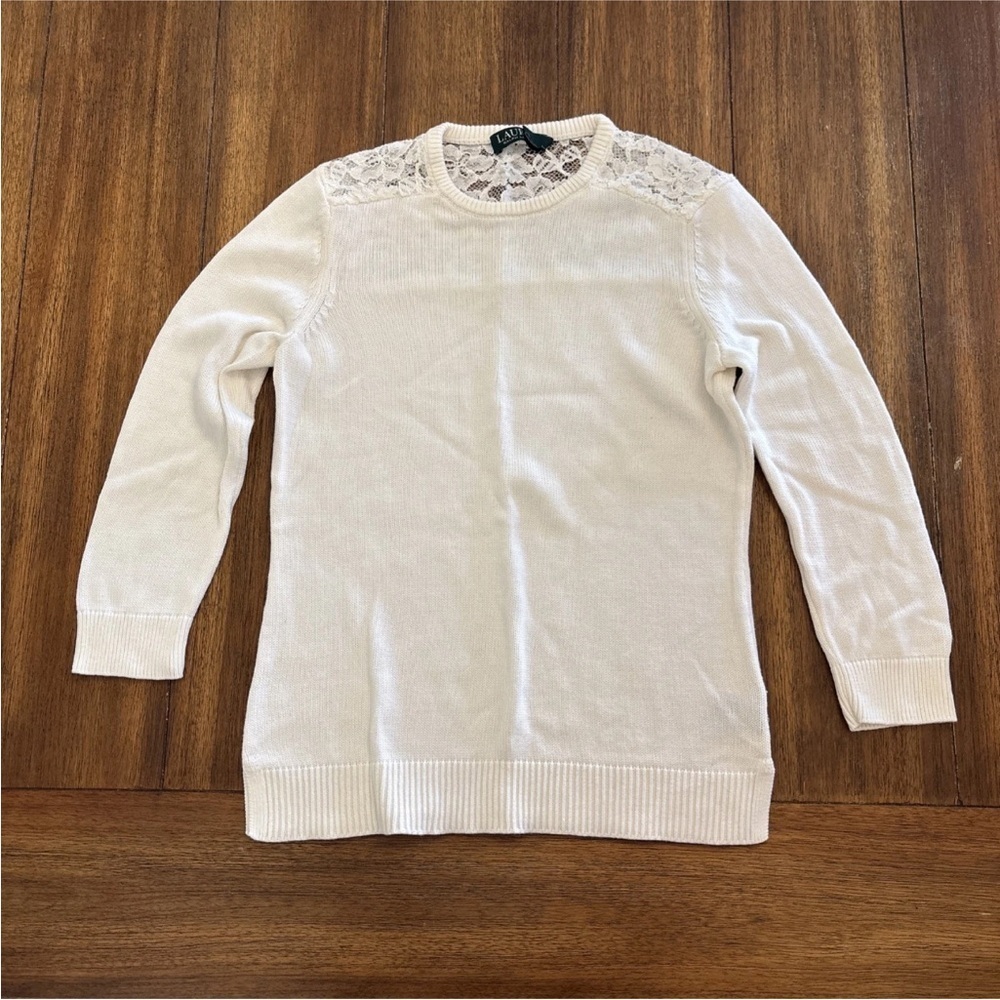 Lauren Ralph Lauren Women's Pullover Sweater Size M White Lace Shoulders